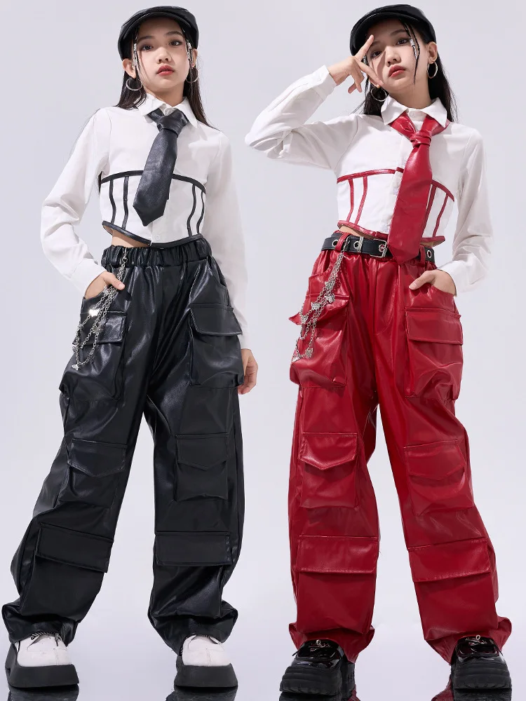 Mädchen Hip Hop Crop Top Pu Leder Cargo Hosen Kind Schuluniform Kostüme Kinder Streetwear Jazz K-pop Street Dance kleidung Sets