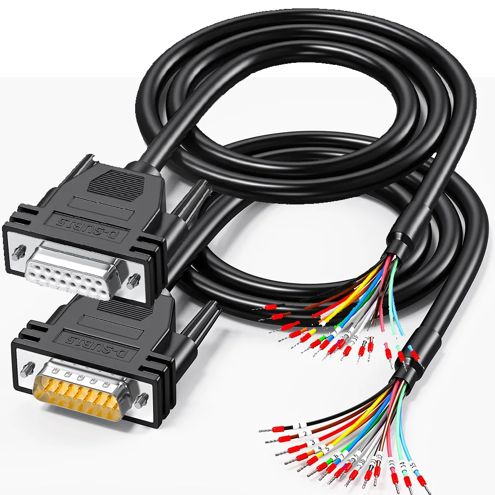 DB15-Stecker/Buchse auf blanken Draht mit Kabelmarkierung, 15-poliger D-SUB-Stecker zum Kabel mit offenem Ende, 15 Drähte, alle mit Verkabelung bereitgestellt Image