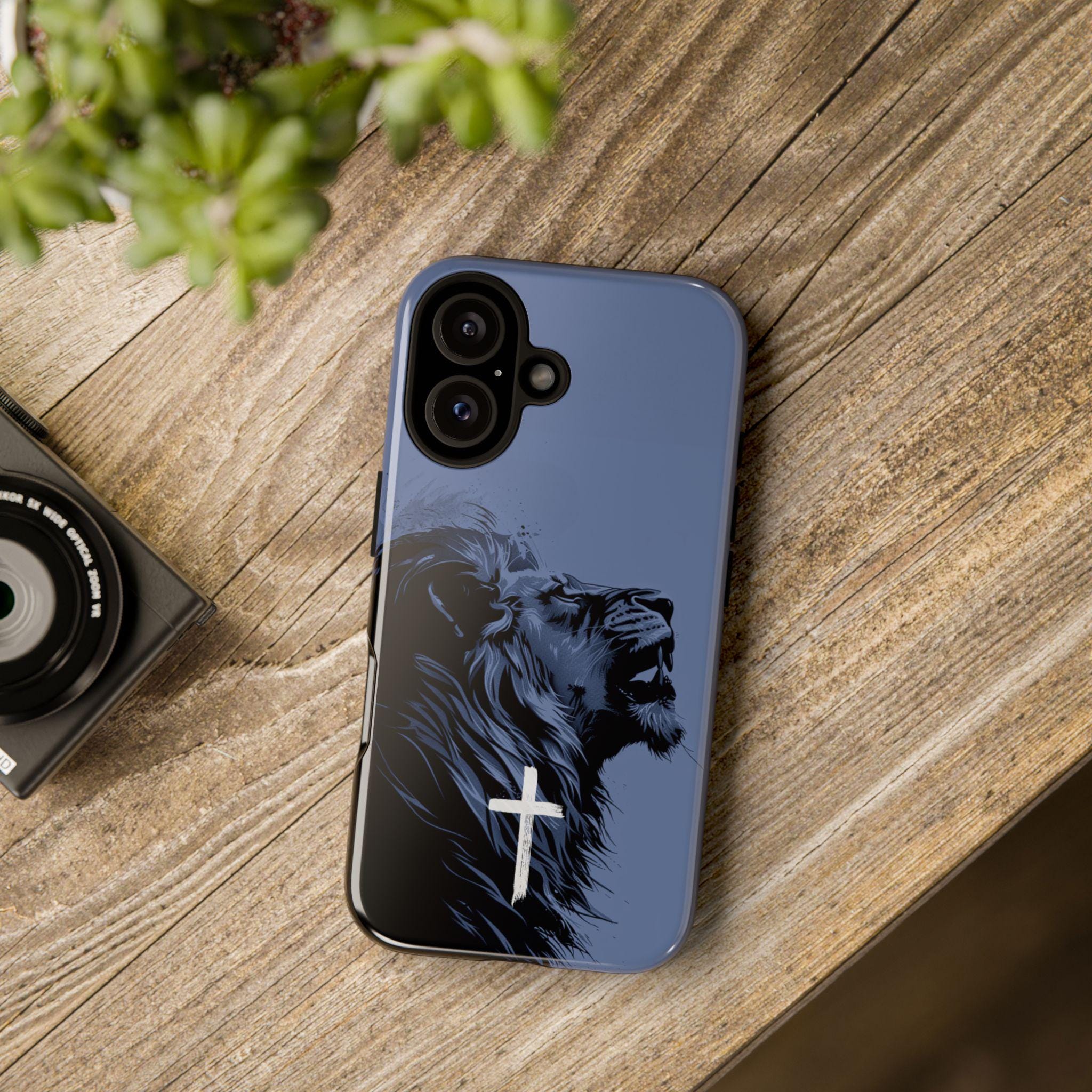 Custodia cristiana per iPhone con Leone di Giuda e Croce, custodia per telefono con fede resistente, accessorio regalo cristiano, iPhone 17+, Samsung