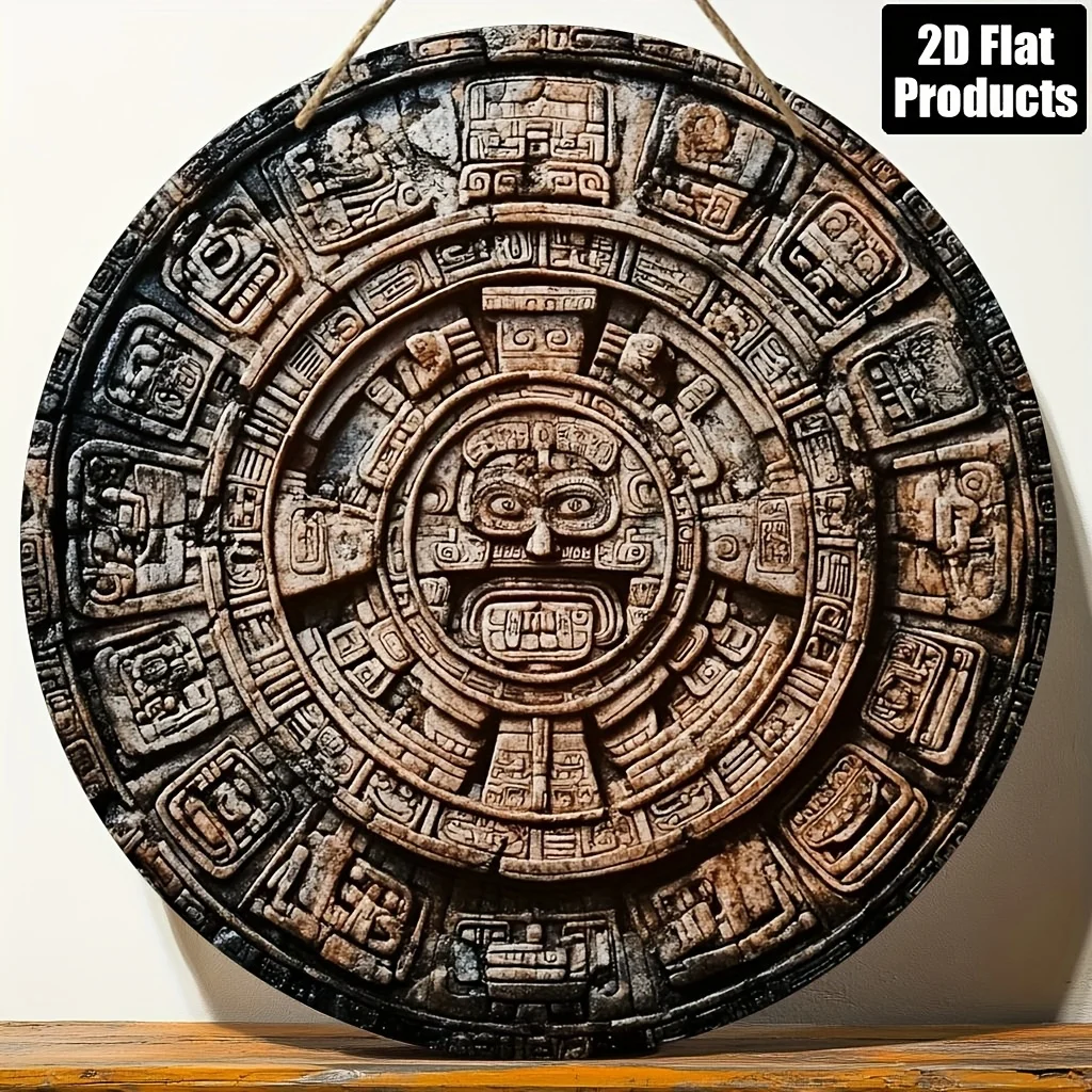 2D flach, 1 Stück Vintage Maya-Kalender, Holzwandkunst – 20,3 x 20,3 cm große runde dekorative Plakette mit aufwendigen Schnitzereien, perfekt für Zuhause