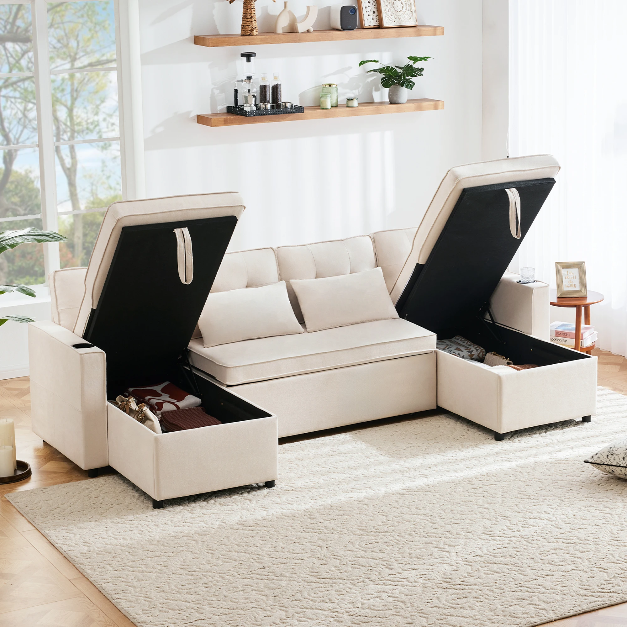 Sofa U-förmiges Sofa mit Schlaffunktion und Getränkehalter,Loungesofa mit Kasten-Stauraum, Baumwoll-und Leinenstoffe Image