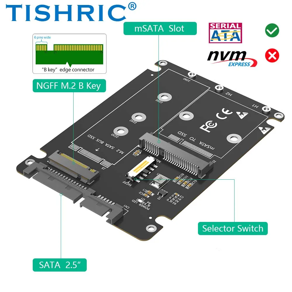 TISHRIC 2-in-1-Adapterkarte M.2 NGFF Key B & MSATA SSD auf 2,5 SATA-Konverter mit Kunststoffgehäuse für mSATA SSD in voller Größe Image