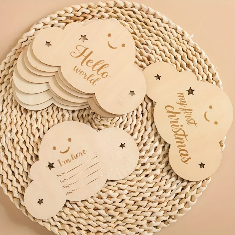 8 stücke hölzerne Baby Meilenstein Karten Wolke Zeichen monatliche Foto karten Baby Wachstum Karten Schwangerschaft Reise Marker Baby Foto Requisiten Image