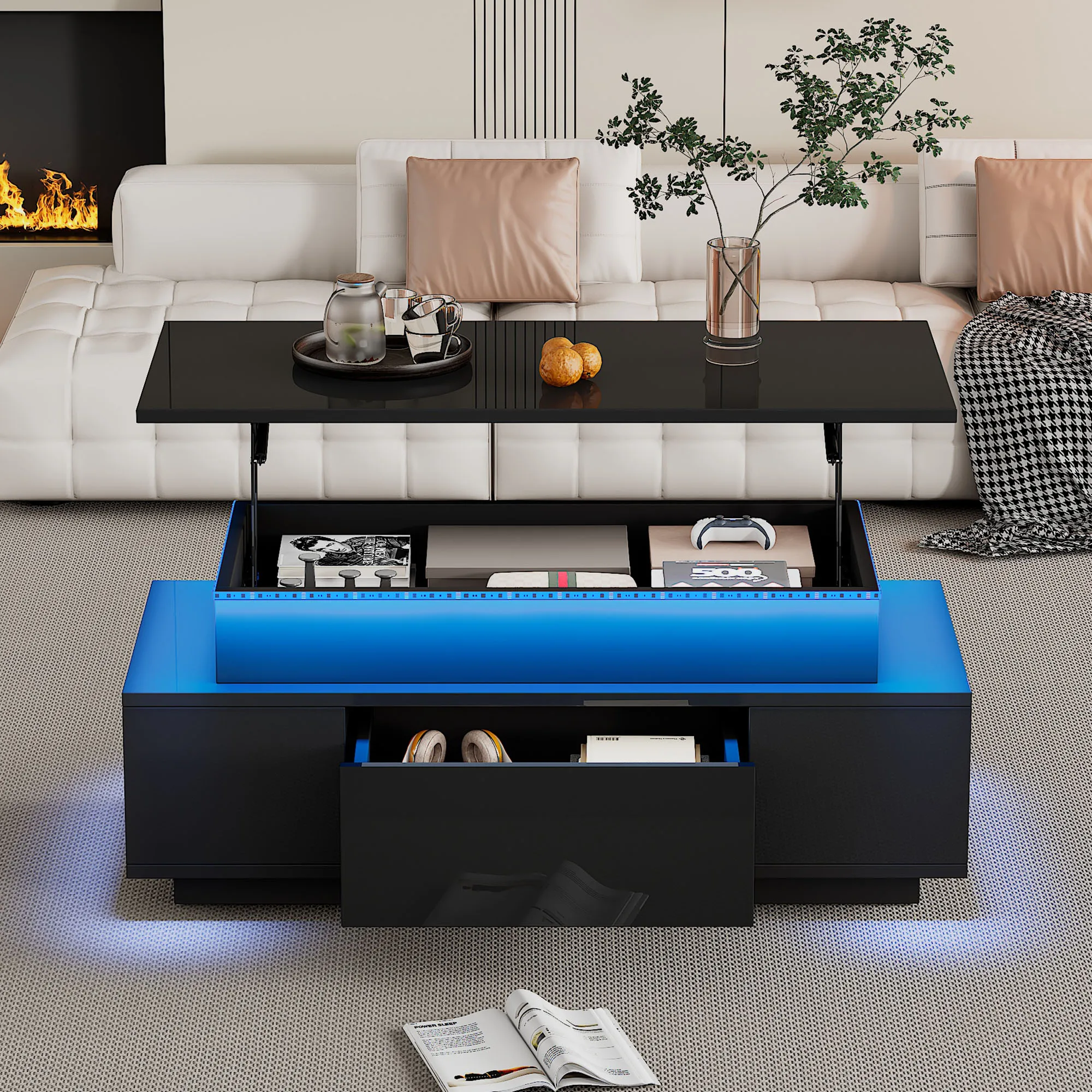 KOMHTOM Schwarzer Höhenverstellbarer Couchtisch - Hochglanz Kaffeetisch mit Verstecktem Stauraum, Schublade und LED-Beleuchtung