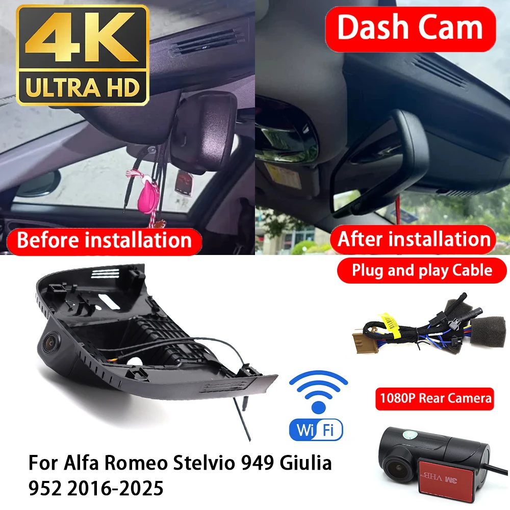 Für Alfa Romeo Stelvio 949 Giulia 952 2016-2025 4K 2160P Dashcam Vorne Hinten Autokamera DVR WLAN Plug & Play Videorekorder Image