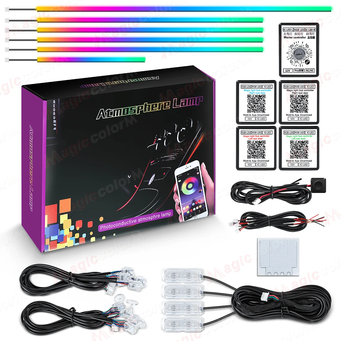 18-in-1-LED-Auto-Umgebungslichter 213, 64 Farben, RGB Symphony Streamer, Bluetooth, Regenbogen-Innenraum, Acrylstreifen, Atmosphärenlampen-Set Image