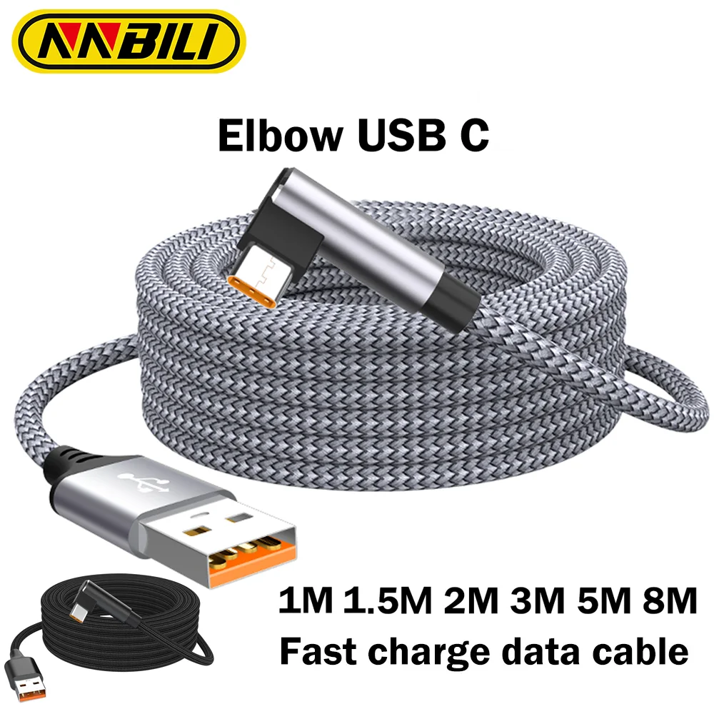 NNBILI 6A Ellenbogen USB Typ C Schnellladung 3m 5m 8m Telefon verlängern Ladekabel für Samsung Huawei Xiaomi Oppo OnePlus VR Kamera Image