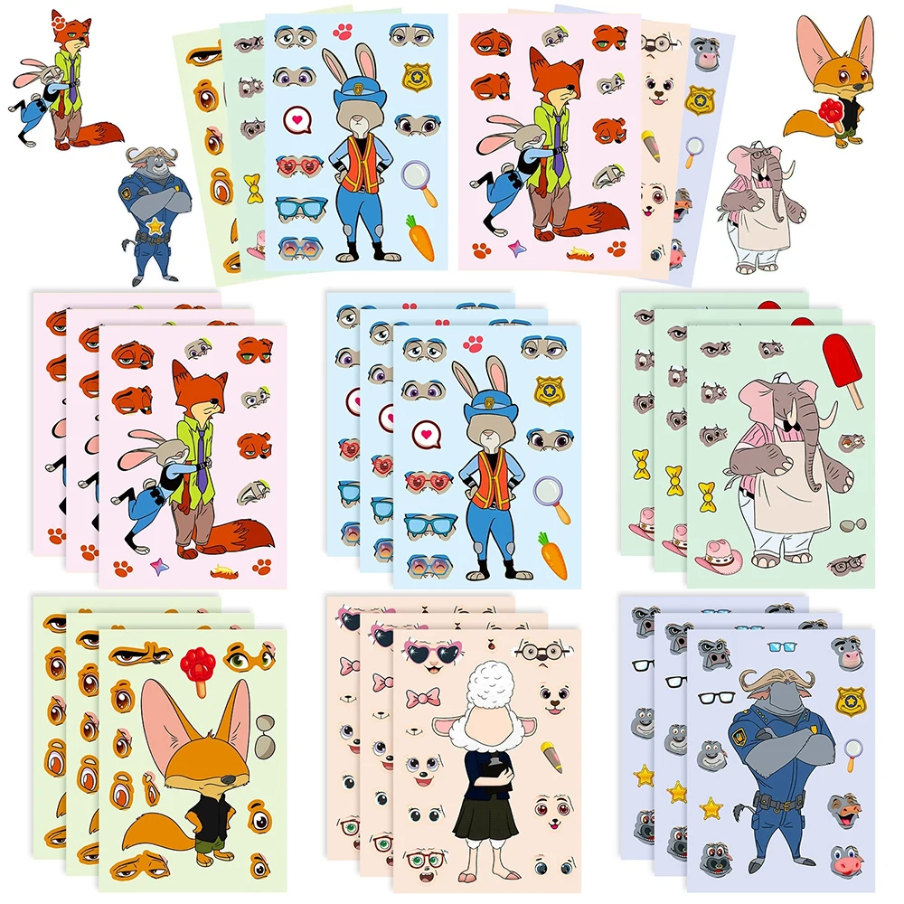 6/12 Blatt Cartoon Disney Zootopia Puzzle Aufkleber Lustige Nick Make a Face DIY Montieren Puzzle Aufkleber Party Belohnung Spielzeug Dekoration Image