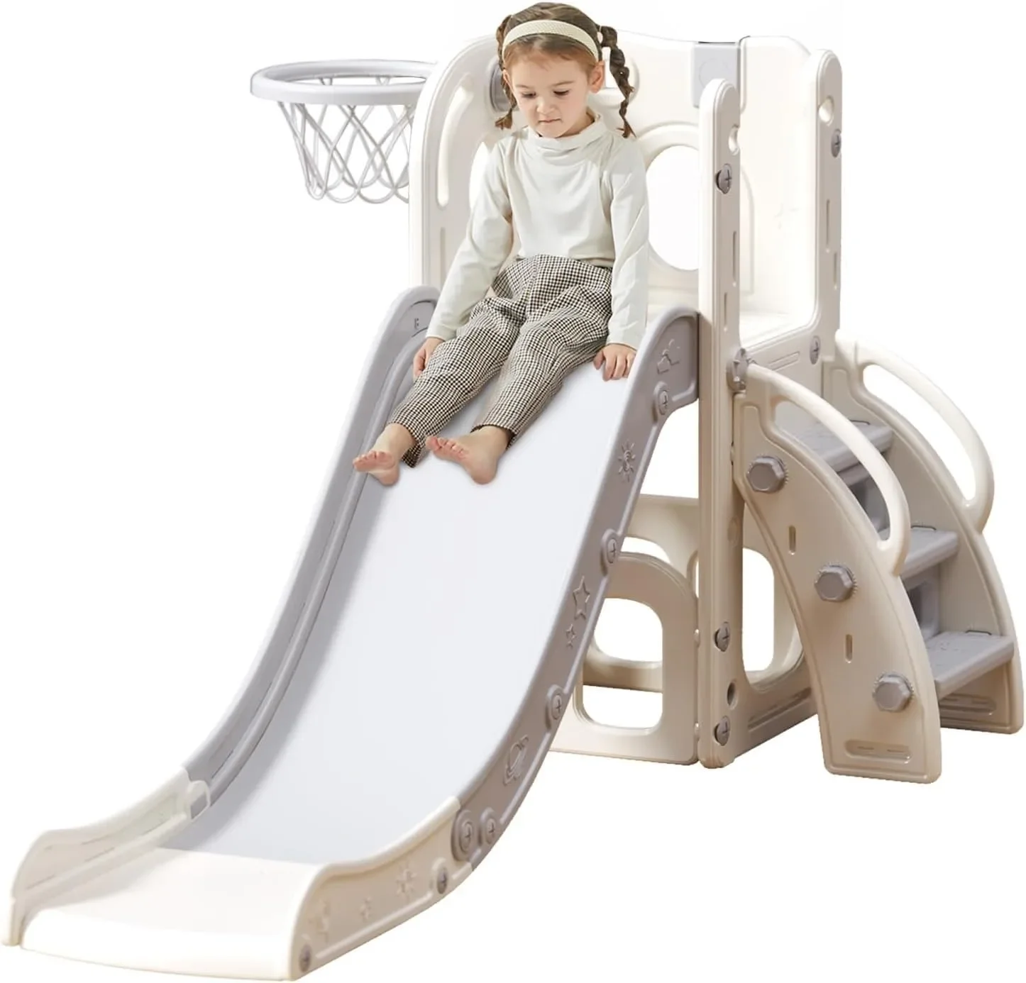 Kinderrutsche, multifunktionale Kleinkindrutsche mit Laufstall, Stauraum und rutschfesten Stufen, Indoor- und Outdoor-Plat (Grau Weiß) Image