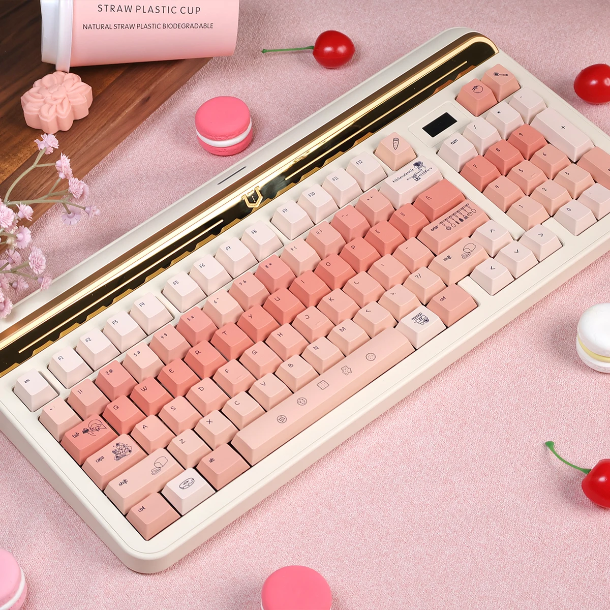 URE Cooking Girls Themen-Tastenkappen, 144 Tasten, Dye Sub Cherry Profile PBT-Tastenkappen, rosa, individuell für MX 64/87/96/104 mechanische Tastatur Image