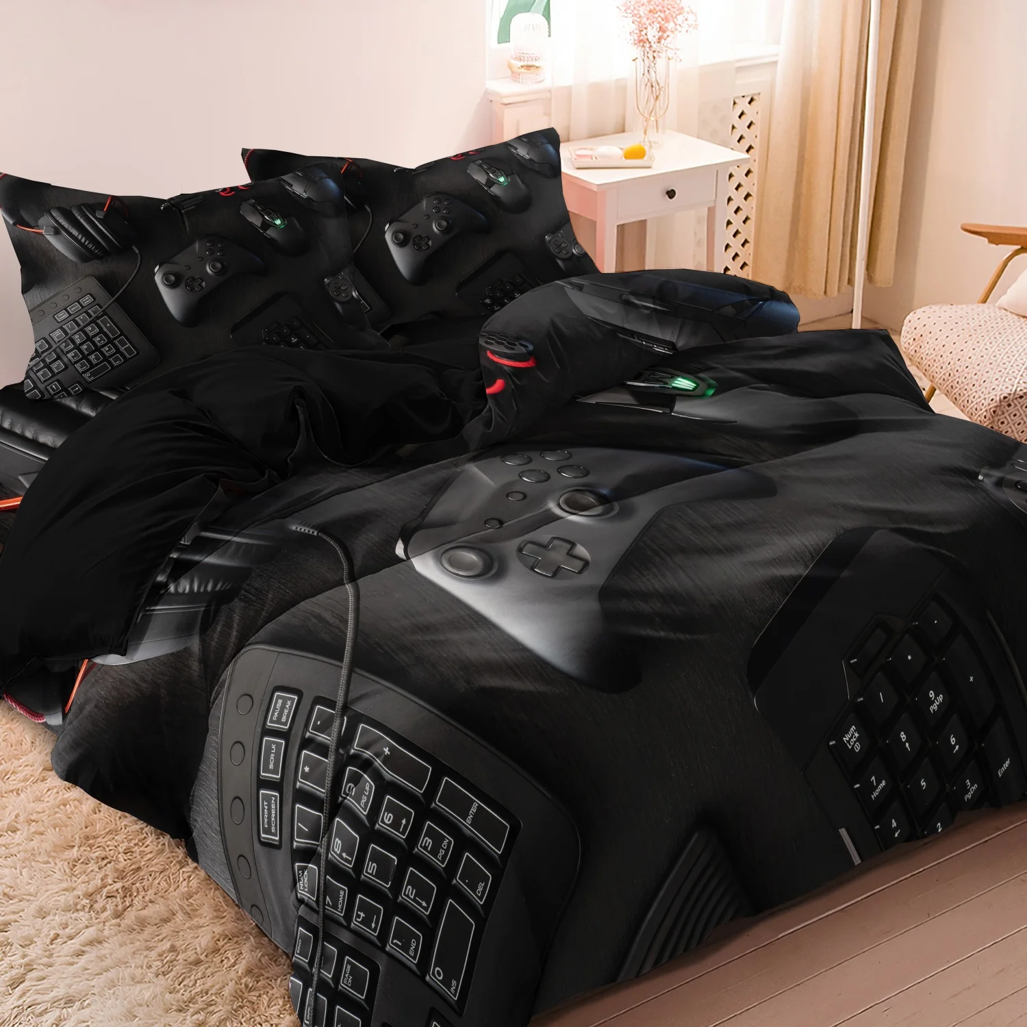 3-teiliges Gaming-Ausrüstungs-Muster - Moderner Videospiel-Controller Maus Tastatur Kopfhörer Gamepad Druck Bettbezug Bettwäsche-Set Image