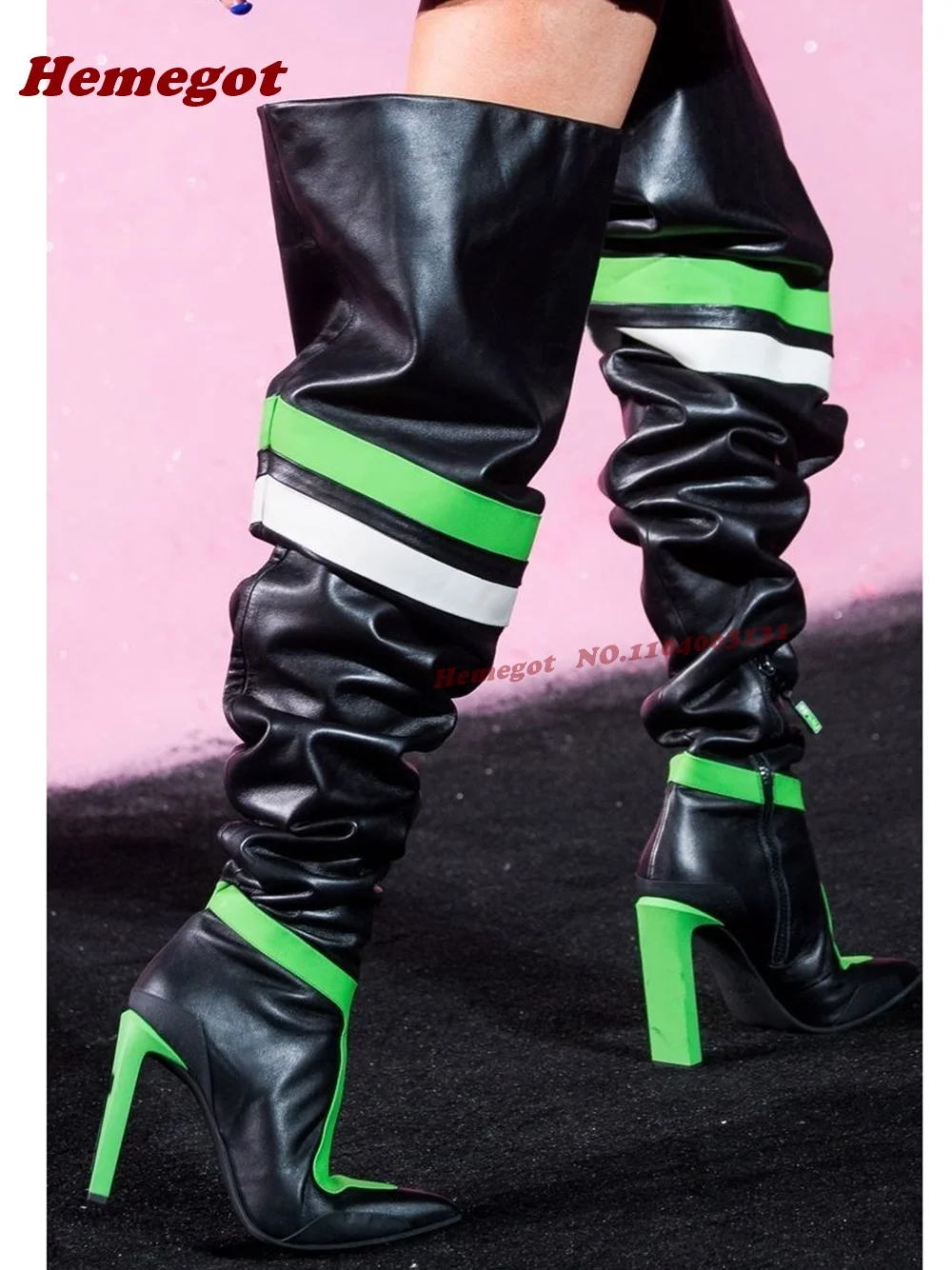 Patchwork Motorrad Chunky Heels Lange Stiefel Spitze Zehen Overknee Stiefel für Frauen Leder Schwarz Grün Casual Schuhe Luxus