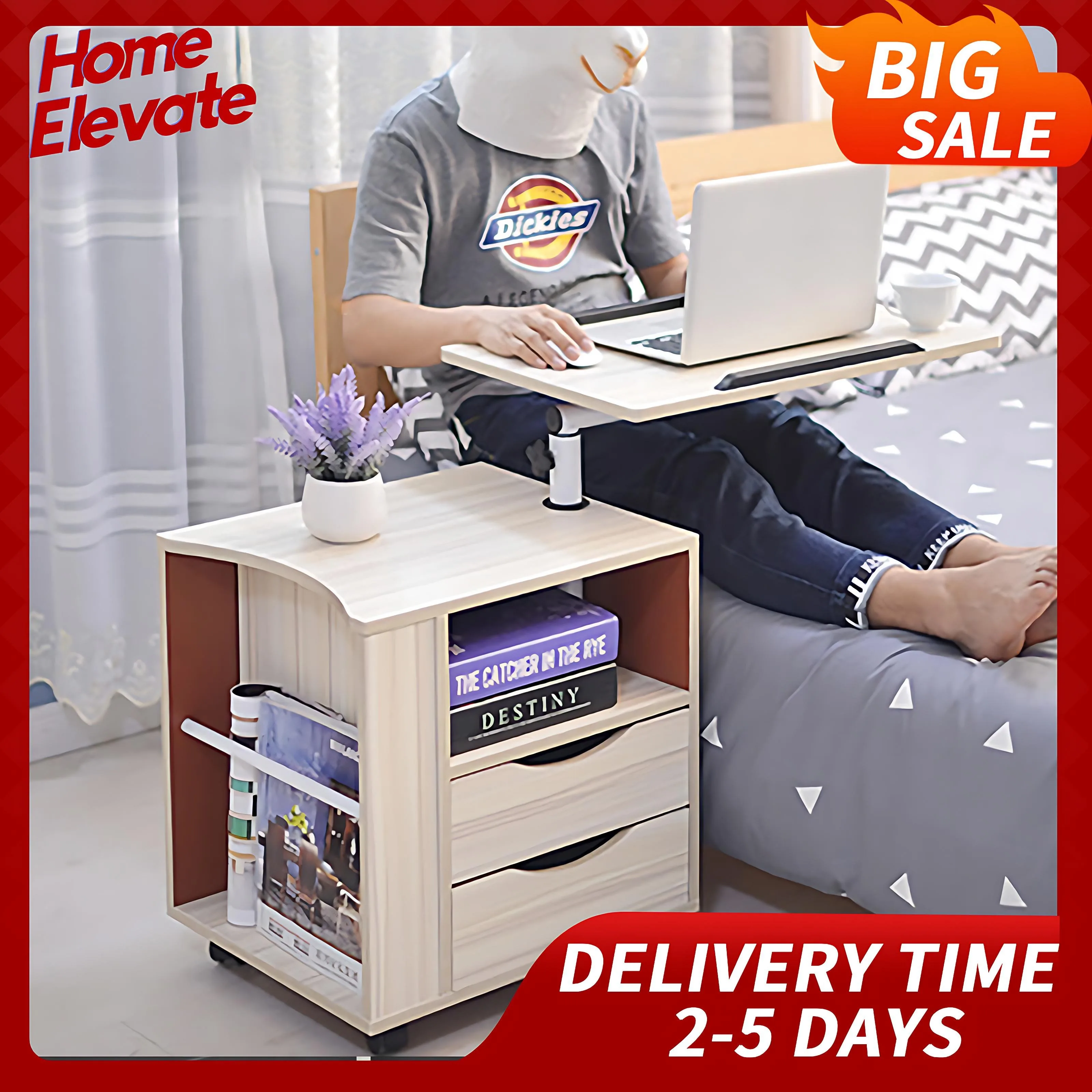 Drehbarer Beistelltisch mit 2 Schubladen, höhenverstellbarer Nachttisch, 360° ° Drehbarer Sofa-Beistelltisch für Wohnzimmer, Schlafzimmer, Büro, Aufbewahrung