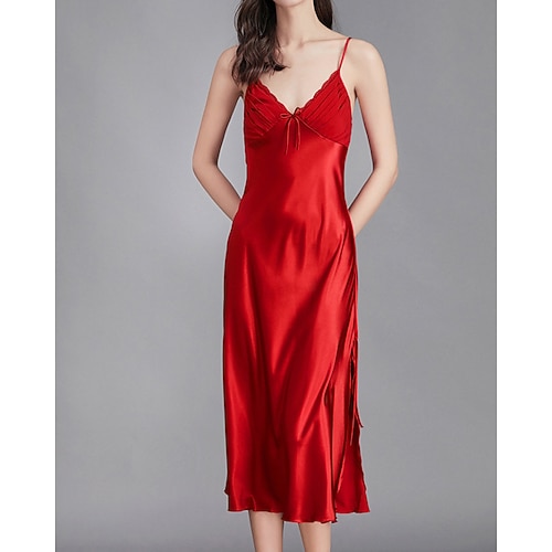 Sexy, lässiges Satin-Nachthemd für Damen, einfarbig, mit Spitze, rückenfrei, ärmellos, trägerlos, in Schwarz, Champagner, Rosa, Rot, Marineblau, für den Sommer, normale Passform. Ideal für Zuhause, zum Schlafen oder einfach so. Sommerlich, normale... Image
