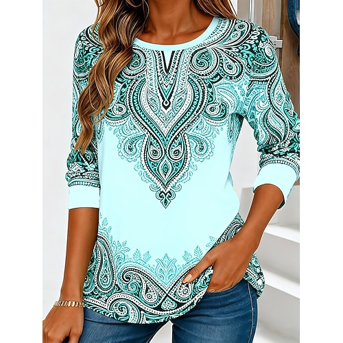 Damen T Shirt Druck Grafik Paisley-Muster Mode Stilvoll Klassisch Langarm Rundhalsausschnitt Normale Oberteile Täglich Wochenende Urlaubskleidung Blau Sommer Frühling Herbst Image