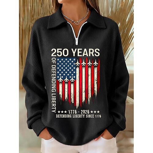 Unabhängigkeitstag Amerikanischer 250. Jahrestag Patriotischer Damen Pullover Sweatshirt Graphic Letter Lässiger Druck Langarm Halbzip Lässige Freizeit Sports Blau Schwarz Pink Rot Grün Frühling