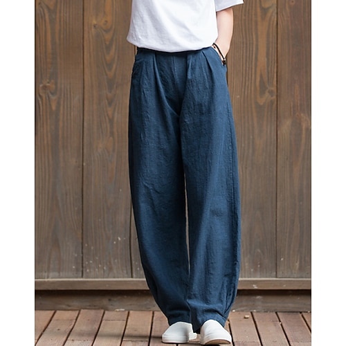 Damen Baumwollleinen Sommerhose Urlaub Streetwear Basic Volle Länge Mittlere Taillenlinie Einfach Tasche Elastischer Bund Bequem Komfort Unelastisch Täglich Outdoor Straße Beige Schwarz Dunkelmarine Image