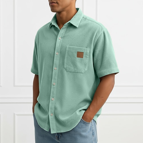 Herren Hemd Textur Freizeithemd Cordhemd Knopfhemd Schwarz Hellgrün Rosa Burgunderrot Marineblau Kurzarm Einfach Hemdkragen Lässig Täglich Fronttasche Bekleidung Elegant Mode Lässig Image