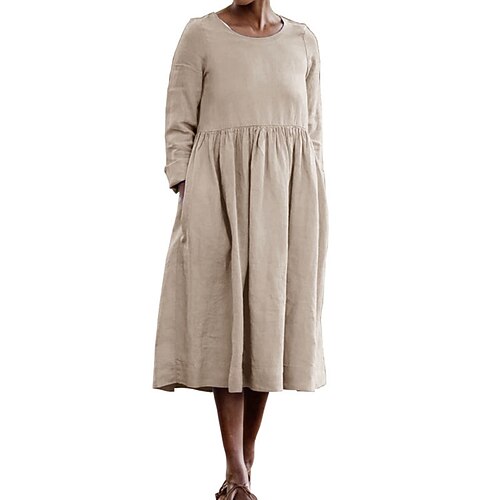 Damen Midikleid Baumwoll-Leinen-Kleider Shiftkleid Freizeitkleid Elegant Mode Modern Täglich Urlaub Ausgehen Normale Passform Einfach Langarm Rundhalsausschnitt Schwarz Gelb Armeegrün Khaki Sommer Image