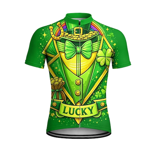 Herren St. Patrick Trikot Fahrradtrikot Downhill-Trikot Cartoon Vierblättriges Kleeblatt Anzug T-Shirt Kurzarm Fahrrad Tee T-Shirt Oberteil mit 3 Rückentaschen UV-beständig Schnell trocknend Mit Image