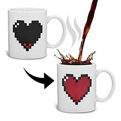 Pixelherz-Morphing-Becher, Liebesbecher, Valentinstagsgeschenk, farbwechselnder Becher reagiert auf Wärme – lustiges Geschenk für Kaffee, heiße Schokolade, Heißgetränke Image
