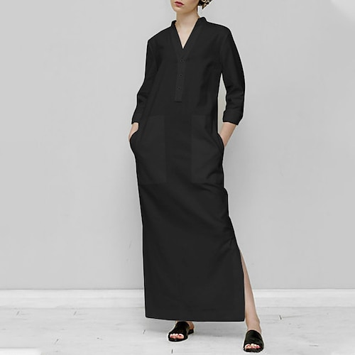 Damen Langes Kleid Maxikleid Baumwoll-Leinen-Kleider Shiftkleid Freizeitkleid Elegant Mode Modern Täglich Urlaub Ausgehen Lässiger Schnitt Einfach Langarm V Ausschnitt Schwarz Weiß Braun Sommer Image