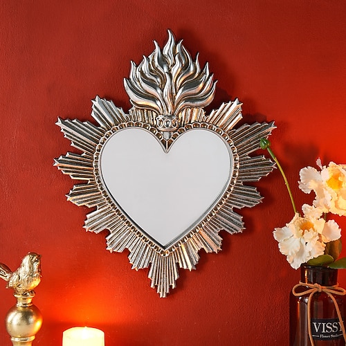 Wanddekor-Spiegel mit flammendem Herzmotiv, handgefertigter Hängeschmuck in Form eines flammenden Herzens, Wandkunst im europäischen Stil für Wohnzimmer, Schlafzimmer, Arbeitszimmer, religiöse Image