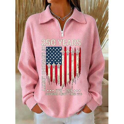 Unabhängigkeitstag Amerikanischer 250. Jahrestag Patriotischer Damen Pullover Sweatshirt Graphic Letter Lässiger Druck Langarm Halbzip Lässige Freizeit Sports Blau Schwarz Pink Rot Grün Frühling