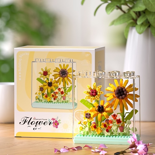 4D-DIY-Blumenbausteinset, bunte Mini-Bausteinkollektion mit Blumenmotiv, ABS-Kunststoff-Baukasten zum Thema Garten, kreatives Geschenk für Kinder ab 8 Jahren, Deko-Spielzeug für den Schreibtisch Image