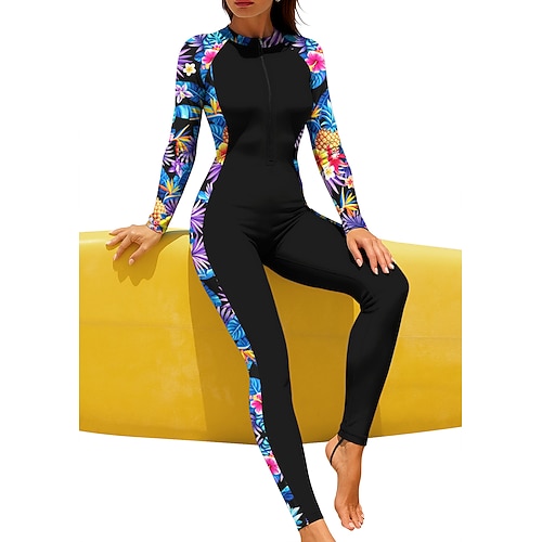 Damen Regulär Anti UV Shirt Ganzkörper-Rashguard Badeanzug Blumenmuster Tropisch mit integriertem BH Frontreißverschluss UV-Sonnenschutz vollständige Bedeckung UPF50 Langarm Handyhülle für das ganze Image
