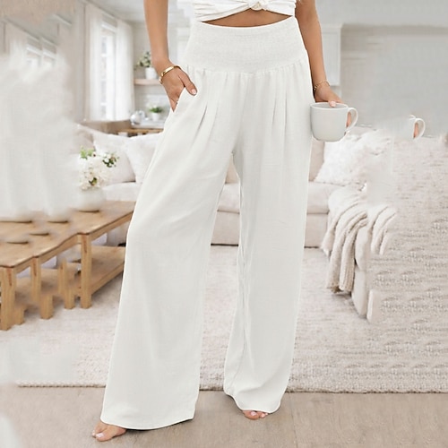 Damen Hose aus Baumwollleinen Weites Bein Chinos Streetwear Lässig Volle Länge Mittlere Taillenlinie Einfach Tasche Elastischer Bund Bequem Mikroelastisch Täglich Outdoor Straße Asche Schwarz Wei Image