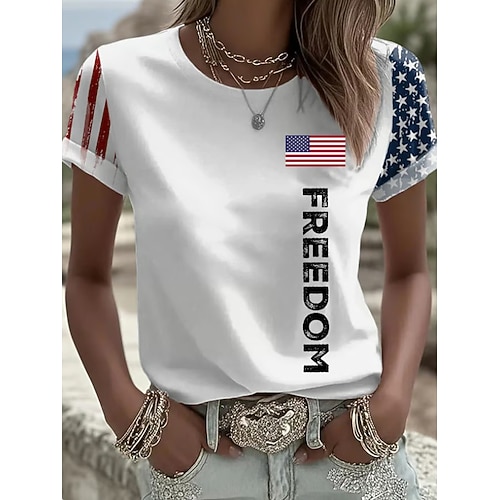 Unabhängigkeitstag Patriotisches Damen T-Shirt Graphic Flagge Vintage Stilvoll Klassisch Kurzarm Rundhals Reguläre Oberteile Alltagswochenende Druck Weiß Sommer Frühling Image