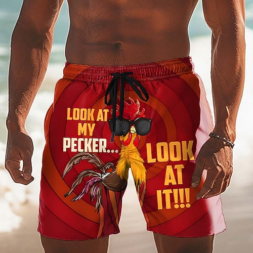 Herren Tiermotiv Hühnchen Lustiger Slang Badehosen Badeshorts Boardshorts Mittlere Taille Lustig Lässig Strandurlaub Seitentaschen Netzfutter Elastischer Kordelzug in der Taille Designer Bekleidung Image