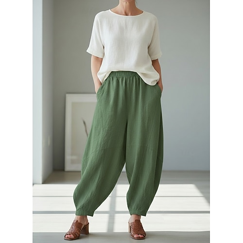Damen Hose aus Baumwollleinen Chinos Sommerhose Lange Unterhosen Urlaub Streetwear Lässig Volle Länge Mittlere Taillenlinie Einfarbig Tasche Elastischer Bund Bequem Komfort Unelastisch Täglich Image