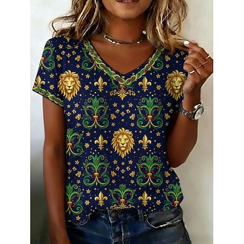 Karnival Damen T Shirt Druck Grafik Vintage Lässig Kurzarm V Ausschnitt Normale Oberteile Täglich Wochenende Urlaubskleidung Marineblau Sommer Frühling Image
