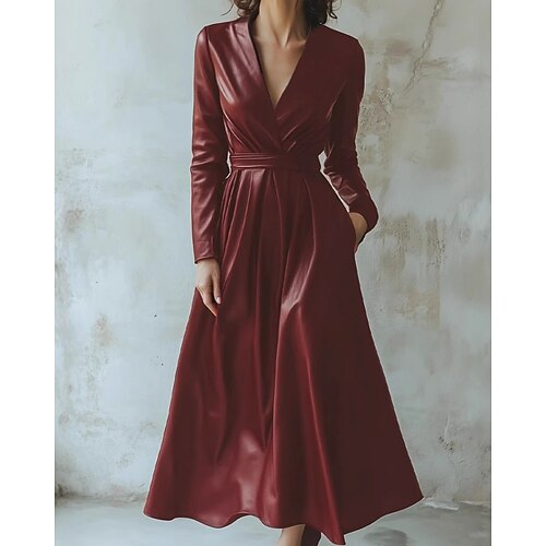 Damen Midikleid Vintage-Kleid Freizeitkleid Etui-Kleid Elegant Mode Modern Täglich Urlaub Ausgehen Normale Passform Einfach Langarm V Ausschnitt Burgunderrot Frühling Herbst Image