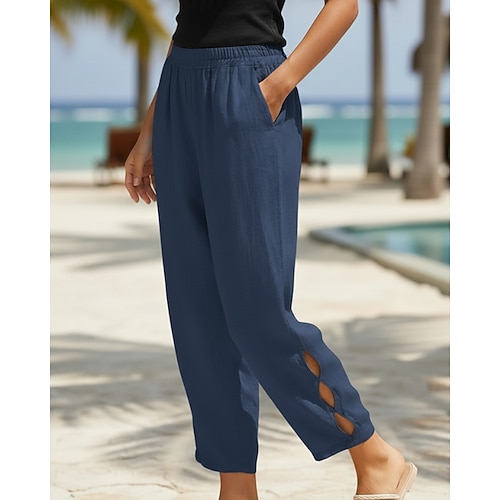 Damen Hose aus Baumwollleinen Chinos Urlaub Streetwear Lässig Volle Länge Mittlere Taillenlinie Einfach Tasche Elastischer Bund Bequem Atmungsaktiv Unelastisch Täglich Outdoor Straße Grau Wei Image