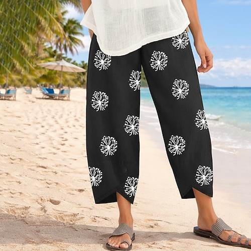 Damen Hose aus Baumwollleinen Weite Hosenbeine Chinos Urlaub Streetwear Basic Volle Länge Mittlere Taillenlinie Blumen Elastischer Bund Drucken Bequem Komfort Mikroelastisch Täglich Outdoor Straße Image
