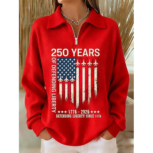 Unabhängigkeitstag Amerikanischer 250. Jahrestag Patriotischer Damen Pullover Sweatshirt Graphic Letter Lässiger Druck Langarm Halbzip Lässige Freizeit Sports Blau Schwarz Pink Rot Grün Frühling