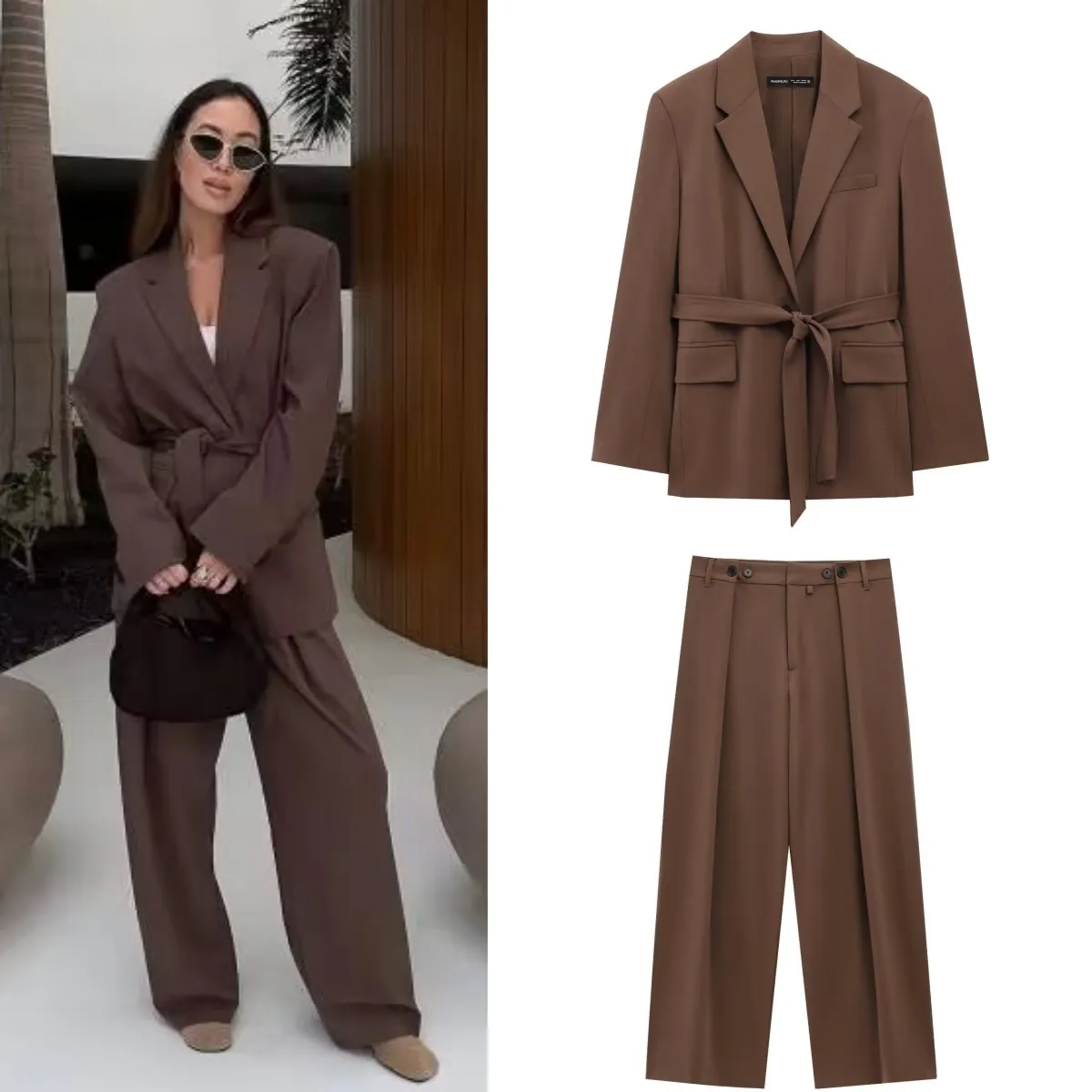 ETJ Damen-Frühlingskollektion Maillard-Farbmode, lockere Version, lässige Anzugjacke mit Gürtel und passende Hose Image