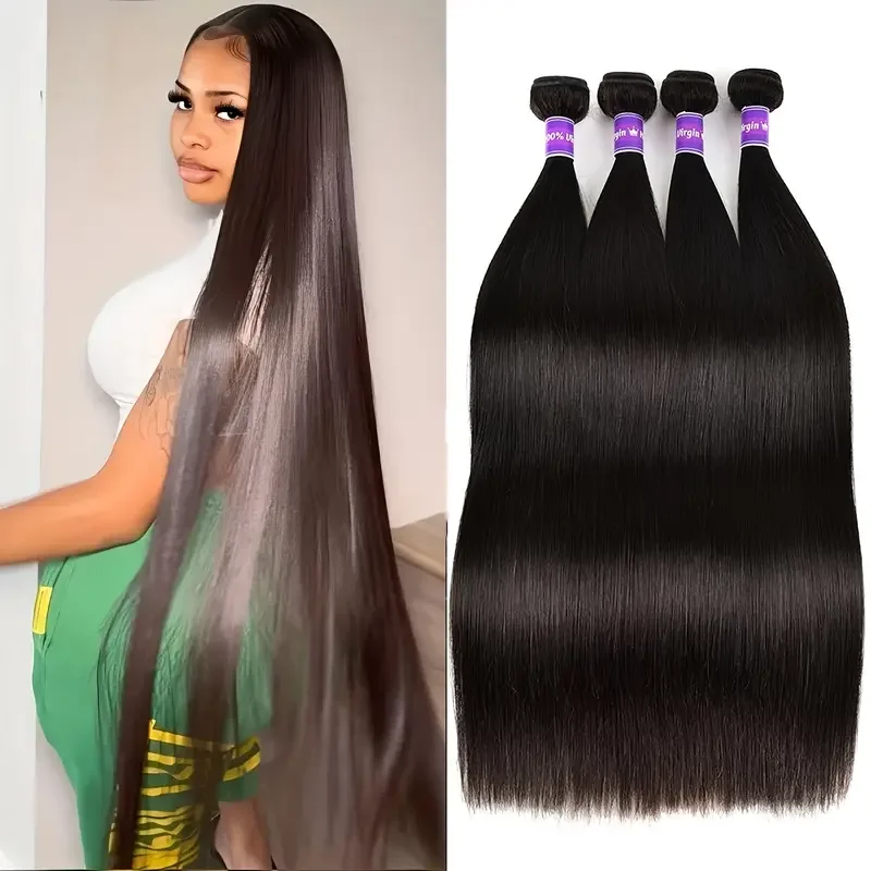 Extensioni di capelli umani lisci e lunghi neri, bundle di capelli brasiliani da 34, 36, 38, 40 pollici, 1/3/4 pezzi, bundle di capelli umani Remy naturali e spessi