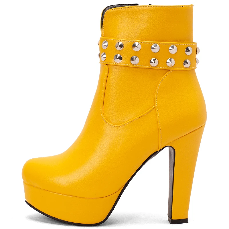 Sexy Nieten Damen Stiefeletten Plattform Schwarz Rot Gelb Weiß Heels Kurzer Stiefel Herbst Winter Party Schuhe Dame Große Größe 45 50