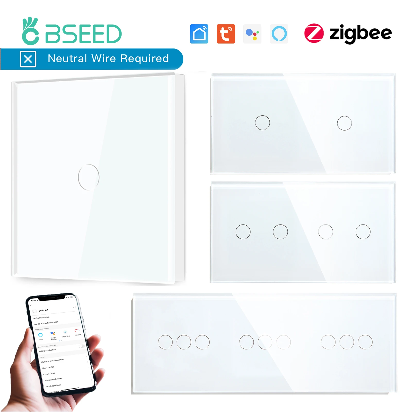 BSEED Zigbee Wandschalter, intelligenter Touchscreen-Lichtschalter, 1/2/3 Gang, 1/2/3 Wege, Google Alexa, Tuya, App-Steuerung, keine neutrale Leitung Image