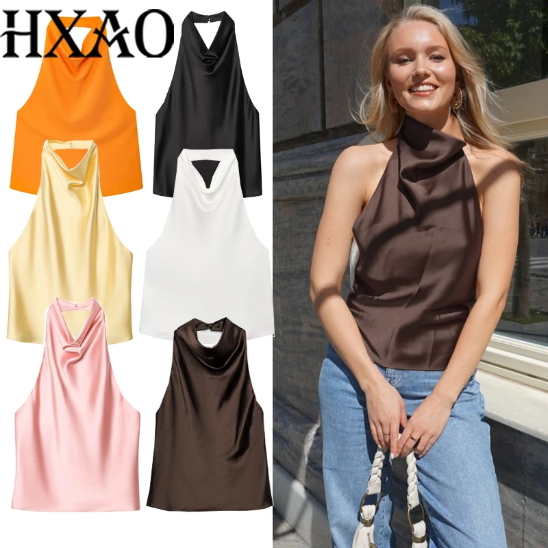 HXAO Top con scollo all'americana marrone Top corto estivo da donna per donna Top senza maniche in raso nero Canotta Top bianco senza schienale Top sexy da festa