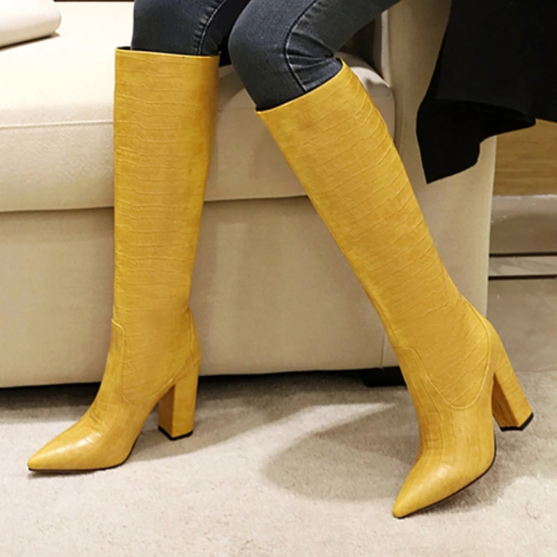 Kniehohe Stiefel für Damen, sexy, spitze Zehenpartie, 2025, Winterschuhe, Schwarz, Weiß, Blockabsatz, Western-lange Cowboystiefel, Damen, große Größe 45