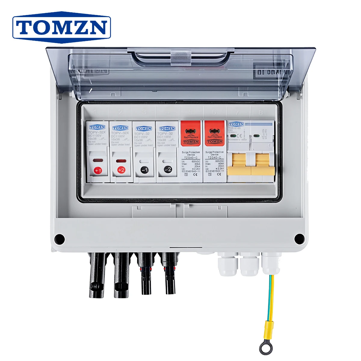 TOMZN Solar Photovoltaik PV Combiner Box Blitzschutz 2 Eingänge 1 Ausgang DC 600 V Sicherung MCB Neuer Typ SPD Wasserdichte Box IP65 Image
