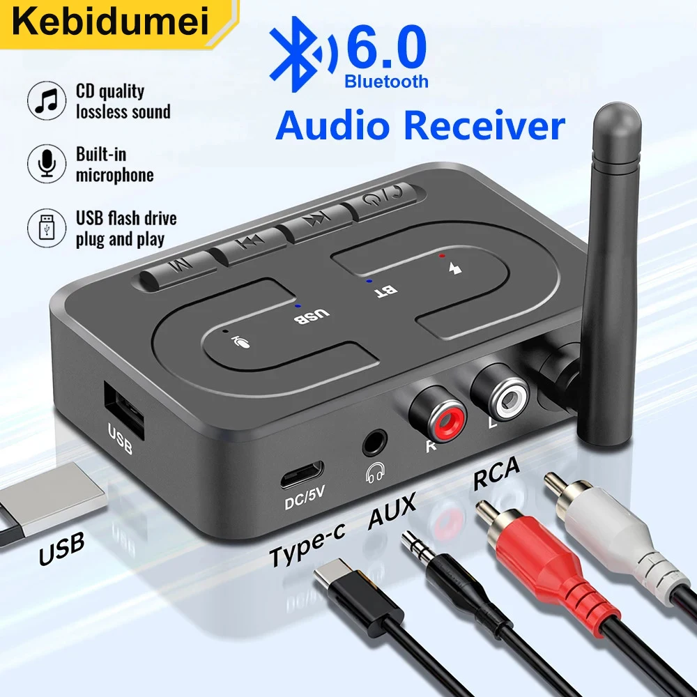 Adattatore audio wireless Ricevitore Bluetooth 6.0 RCA Jack AUX da 3,5 mm Adattatore wireless per musica stereo Supporto Kit per auto riproduzione U-Disk