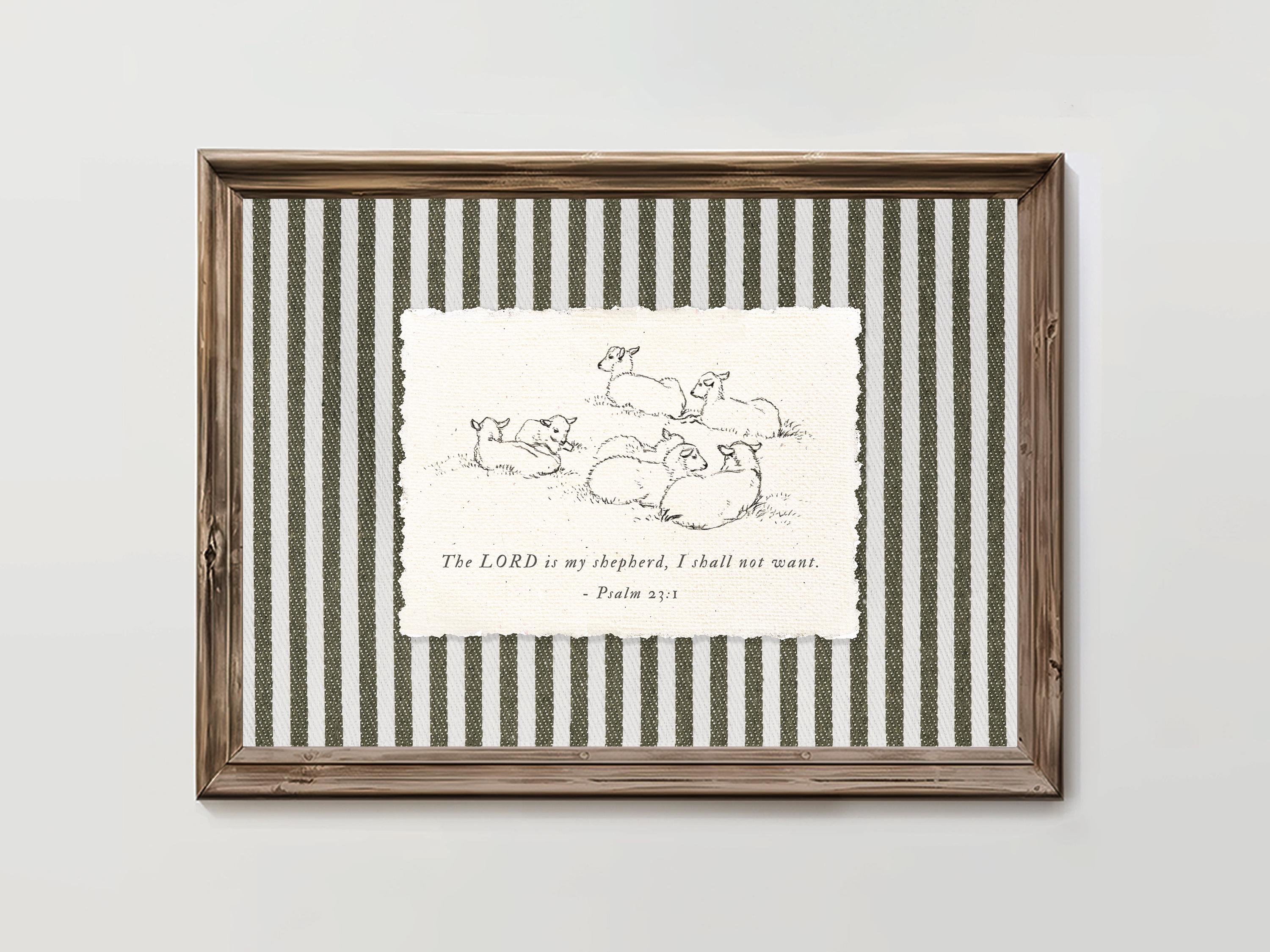 "Poster/tela con versetto biblico Salmo 23:1, citazione cristiana della Scrittura \"Il Signore è il mio pastore\", stampa artistica vintage verde oliva s"