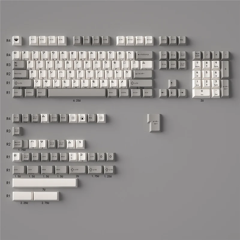 Retro japanische Katakana-Tastenkappen, grau, weiß, 144-Tasten, Kirschprofil-Tastenkappen, seitlich gravierte PBT-Sublimation für mechanische Tastatur Image