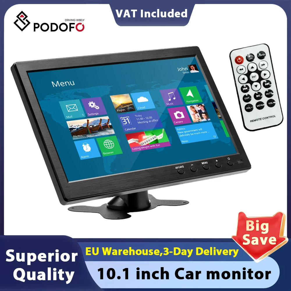 Podofo 10.1 HD-Automonitor, TFT-LCD, HD-Digitalmonitor mit HDMI/VGA/AV/USB/SD-PC/TV/DVD-Player für LKW Image
